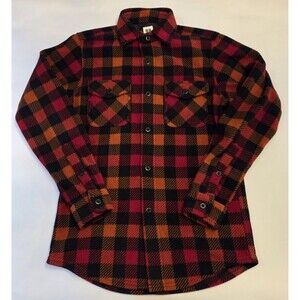 Uniqlo Fleece Shirt Mens XS Red Orange Black Plaid Button Front Cozy Outdoors